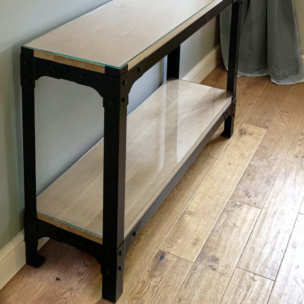 Console table with glass and oak shelf above and below