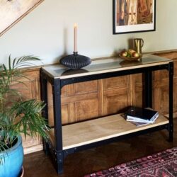 Half and half console table with solid oak bottom and framed glass top