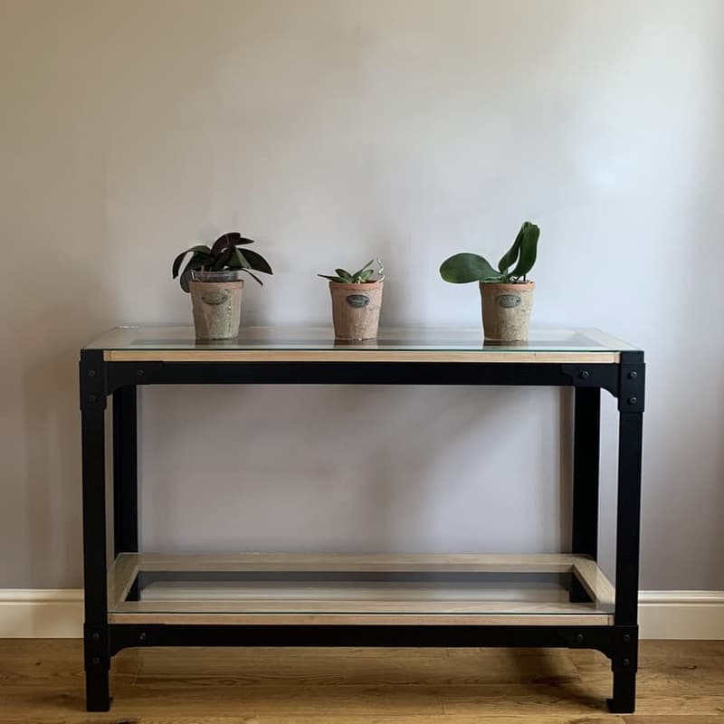 Industrial style infinity console table in oak