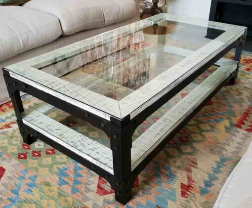 glass coffee table with wooden frame and storage