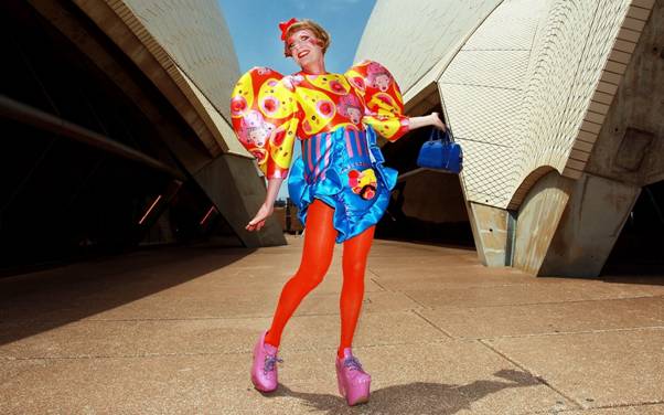 Image of Grayson Perry in lurid clothes