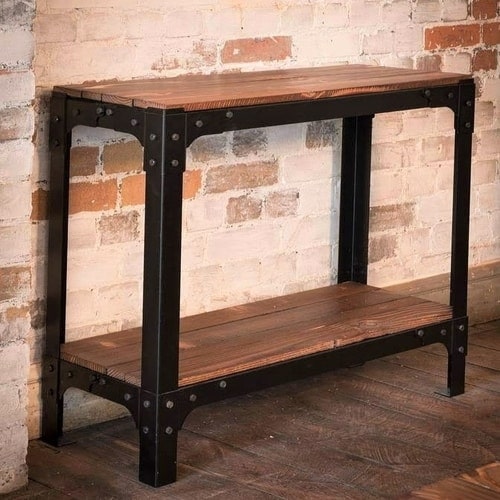 Console table for narrow halls. ironfire finish dark brown wood with storage underneath.